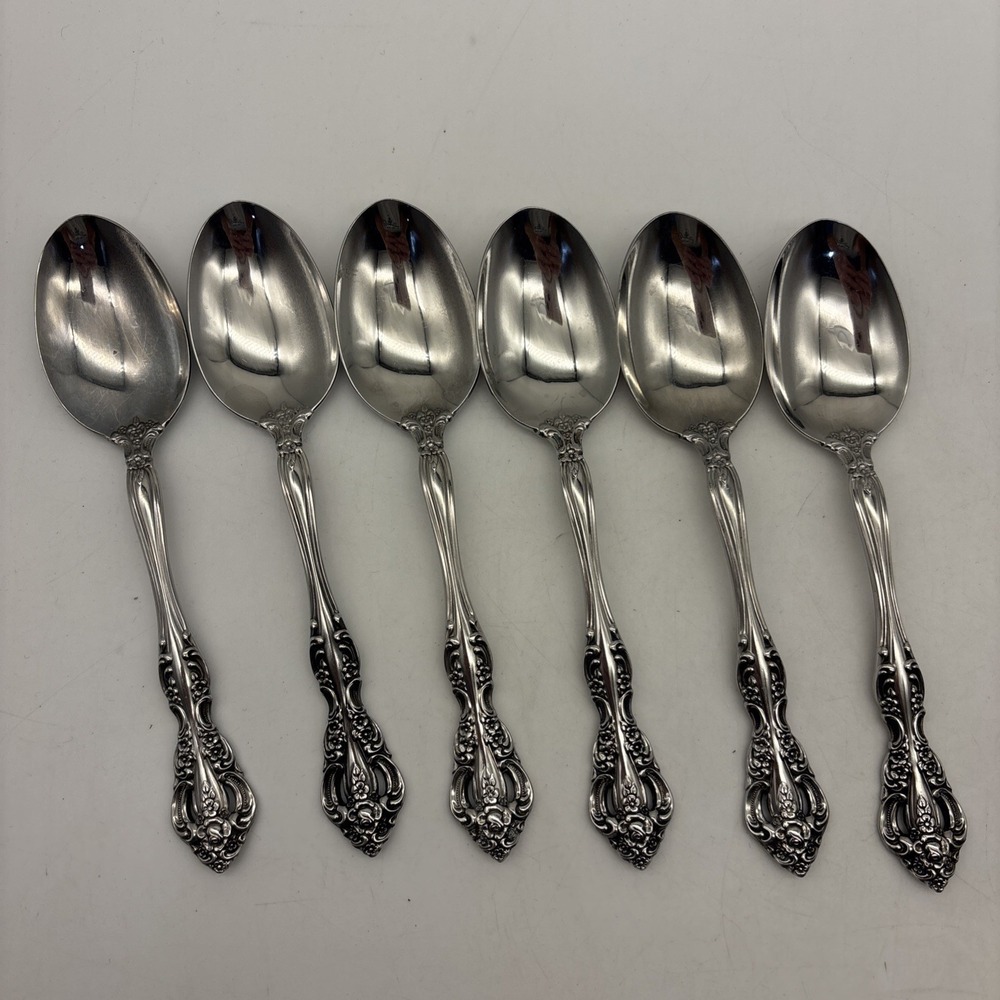 6 Oneida Heirloom MICHELANGELO SOUP SPOONS 6 5/8" Stainless CUBE Logo USA